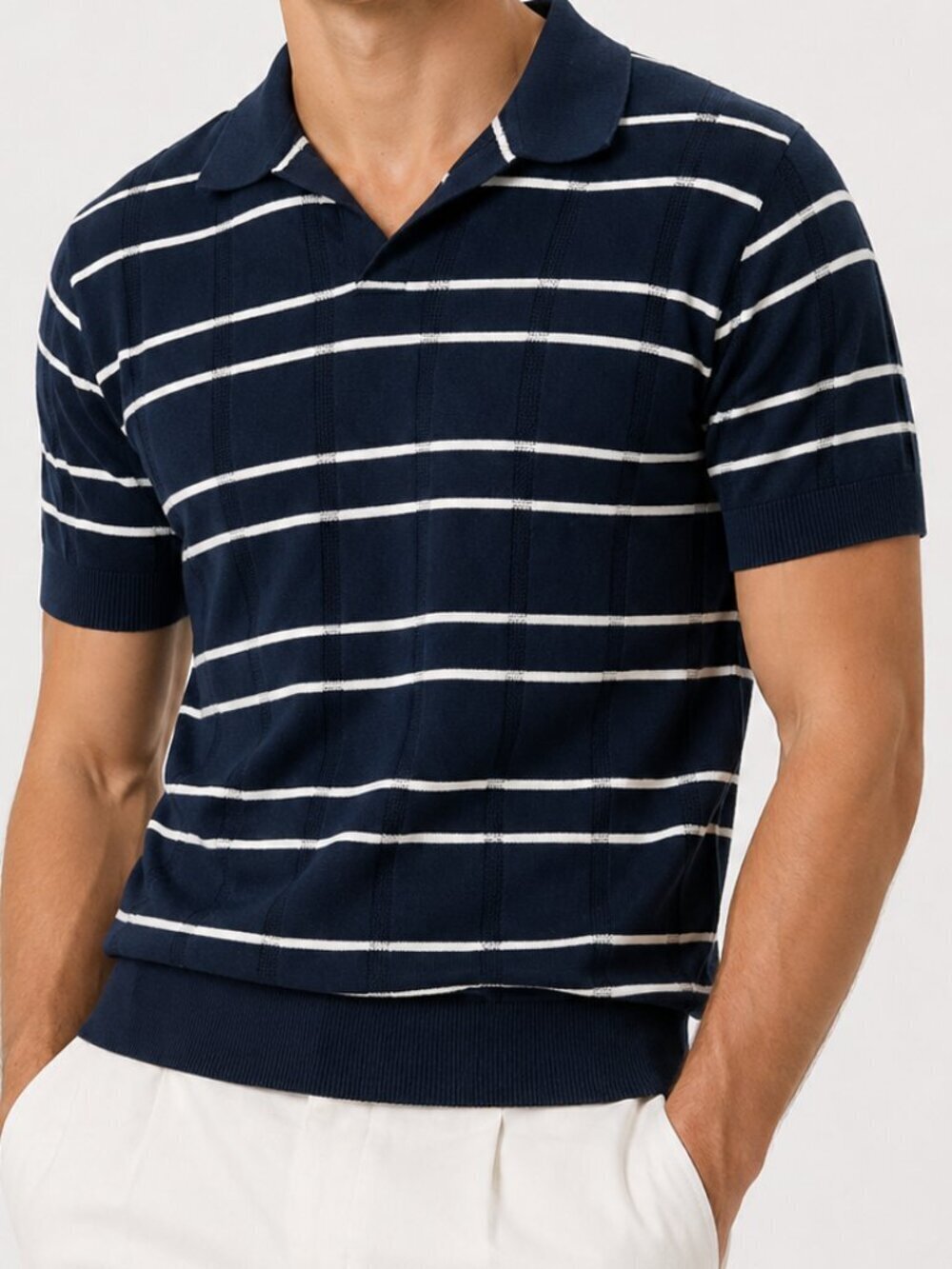BEN SHERMAN Striped Short Sleeve Polo Sweater Small Navy Blue White